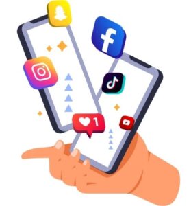 social media logos mit smartphone und hand